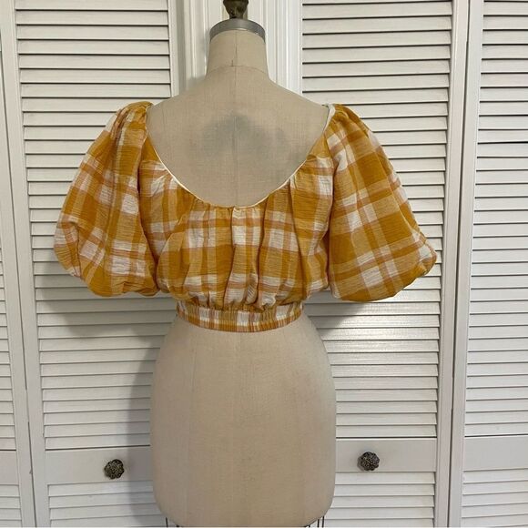 MNG by Mango Yellow Plaid Cotton Cropped Peasant Top Sz-S NWT! - Picture 2 of 9